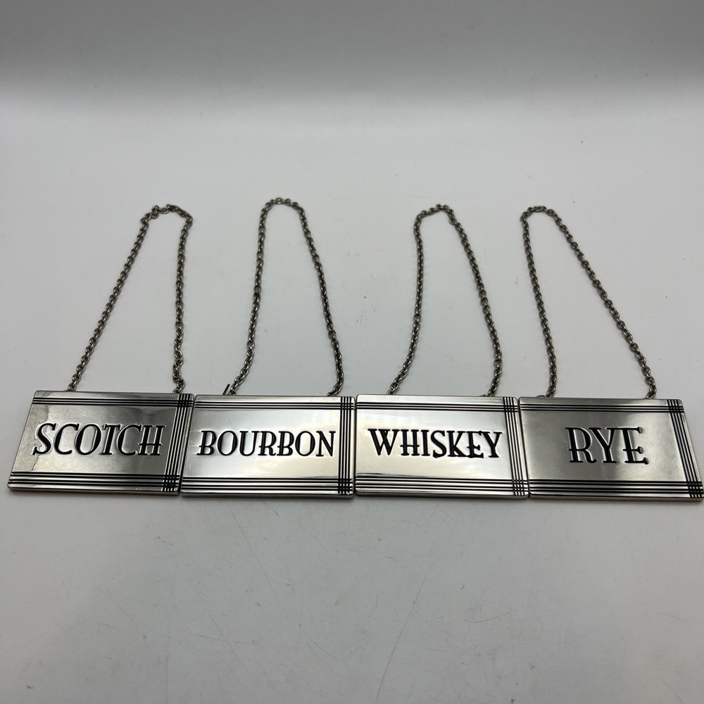 Godinger Silver Art Co Decanter Tags Labels Set of 4 Whiskey Bourbon Rye Scotch